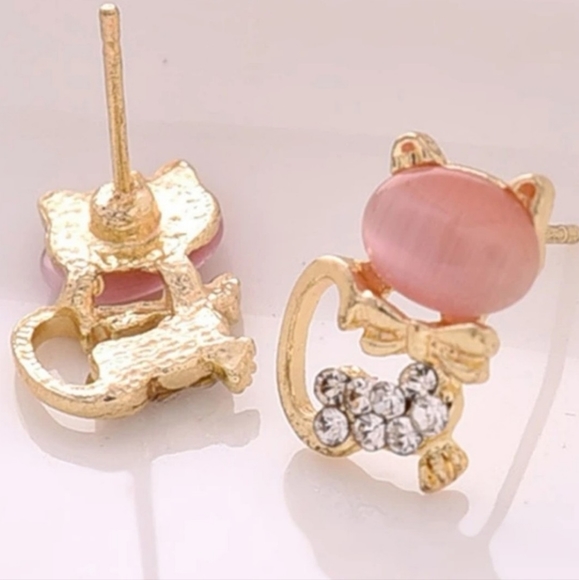 Pink Opal Rhinestone Gold Cat Earrings ✨️ - Picture 7 of 9